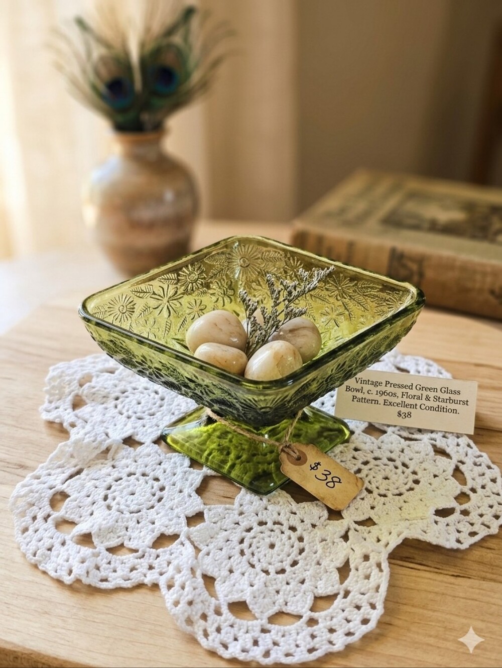 VTG Avocado Green Pressed Glass Floral Square Footed Candy Dish – MCM